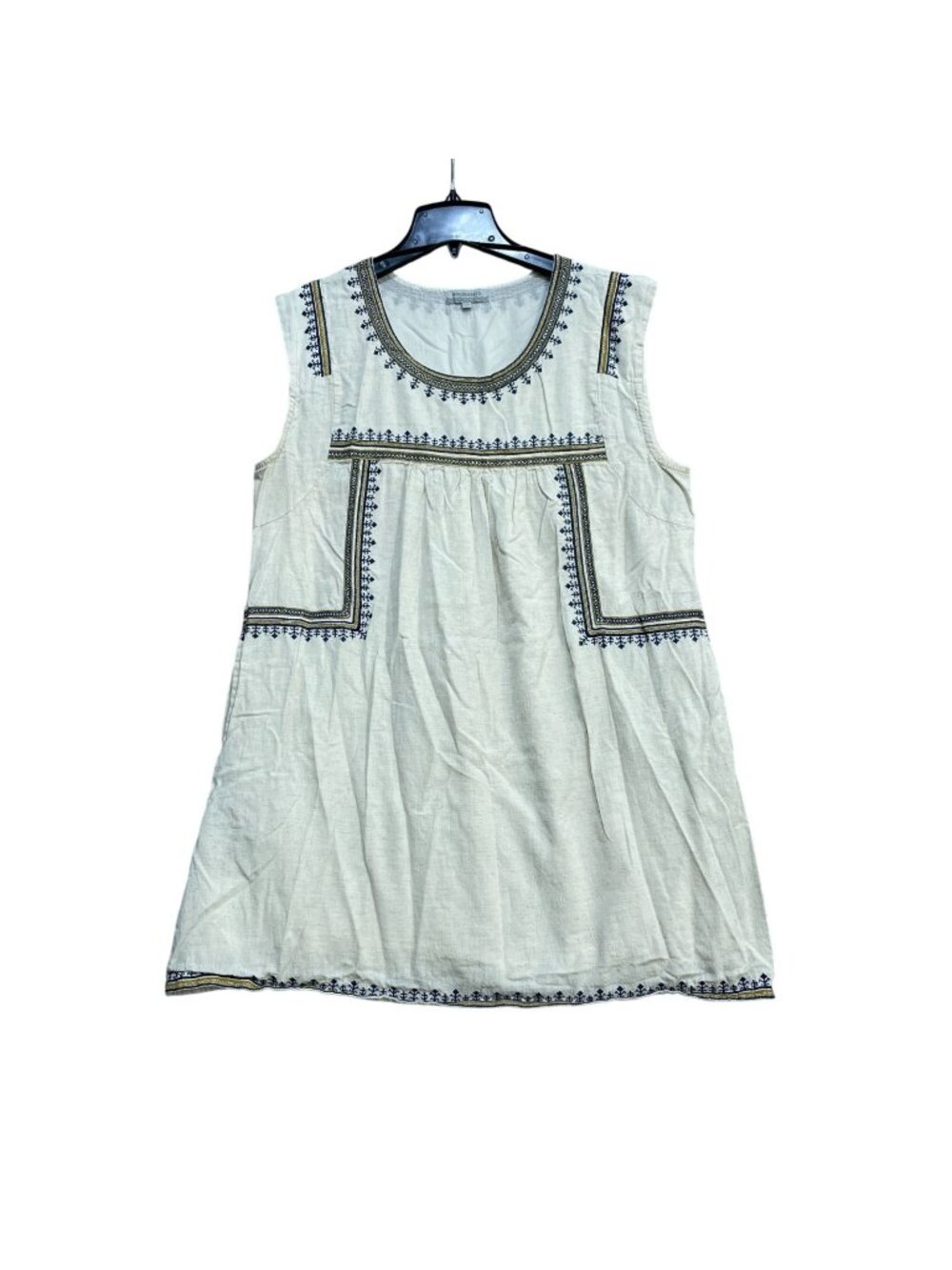 World Market L/XL Linen Blend Cream Sleeveless Tunic Dress Embroidered  B1240
